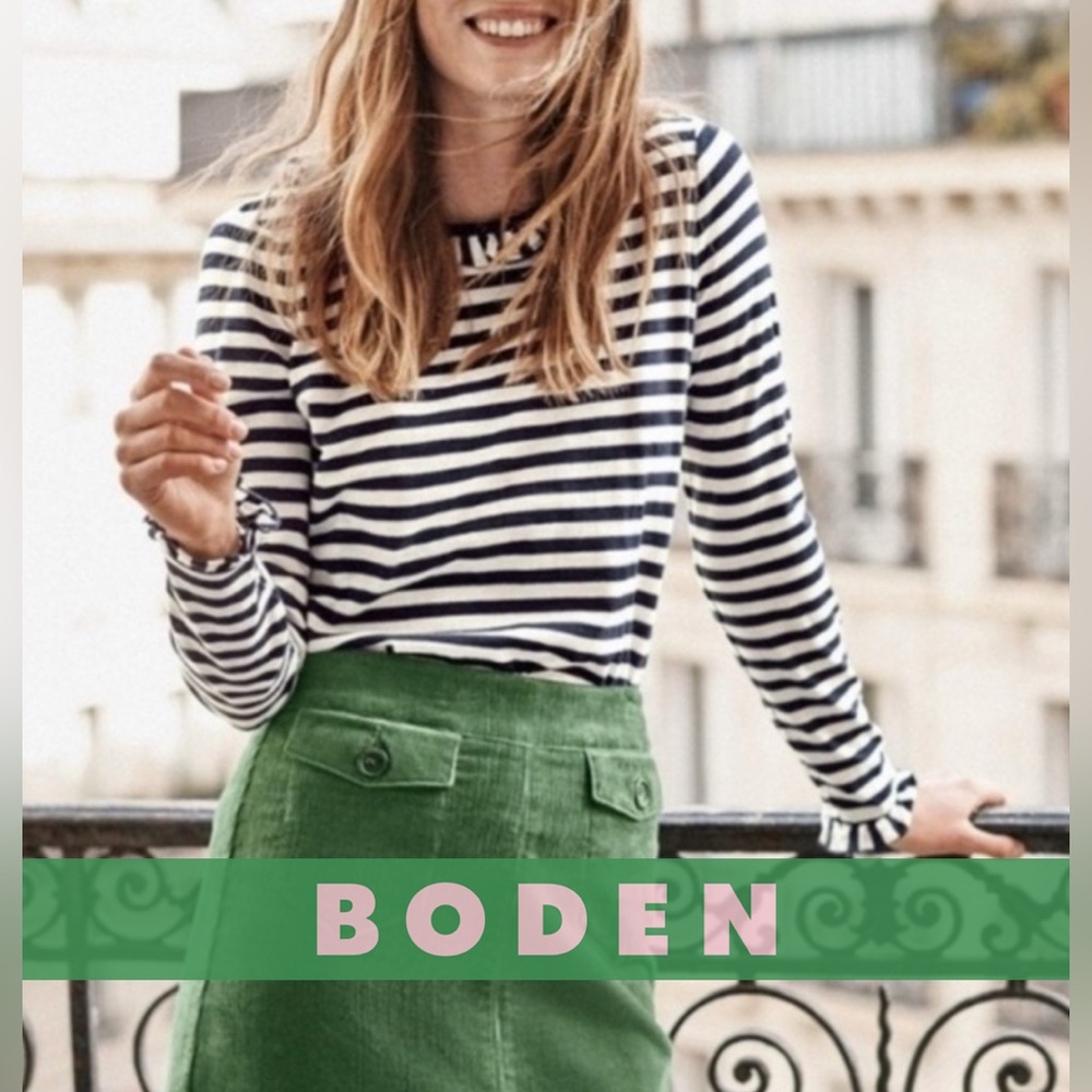 Boden Ruffle Cuff & Collar Long Sleeve Navy White Stripe Breton Tee L